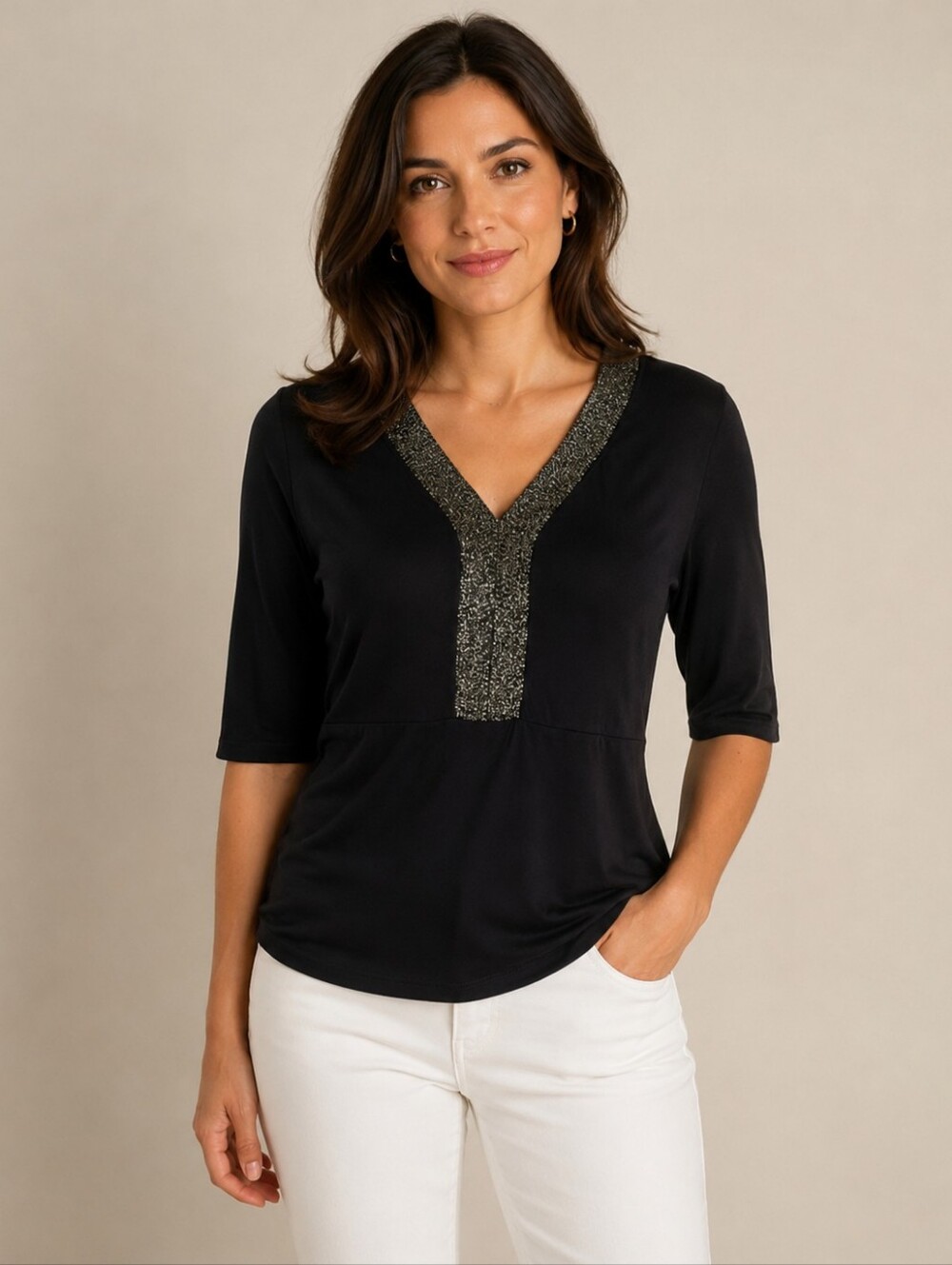 Chicos Beaded Neckline Navy Blue Half Sleeve Tunic. Size S